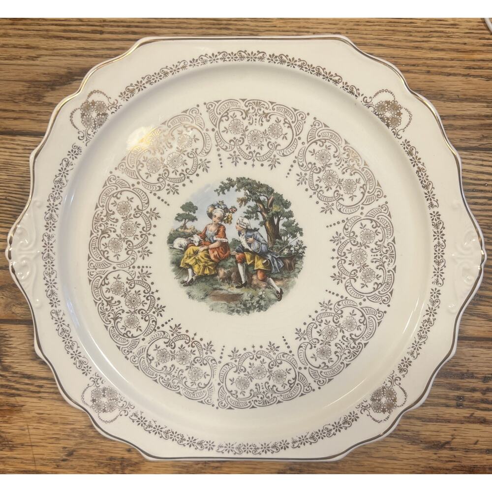 Harker Queen Anne COLONIAL COUPLE Cake Plate 22k Gold Scroll Floral LARGE 12.25”